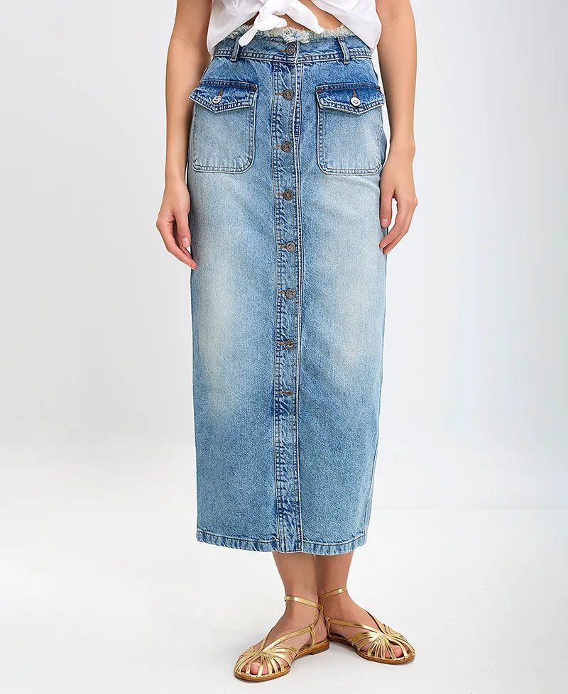 Caractere Γυναικεία Μακριά Φούστα Denim Slim Fit σε Μπλε