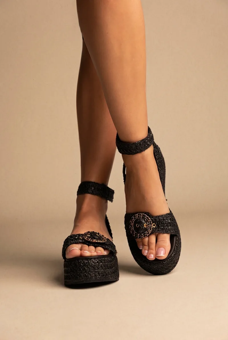 Mariella Fabiani Flatform Sandals - 2616/05 - Black Raffia