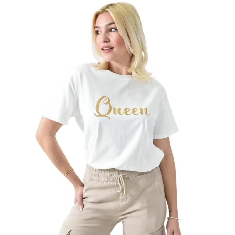 Γυναικείο T-shirt με χρυσό τύπωμα Queen Λευκό 26385