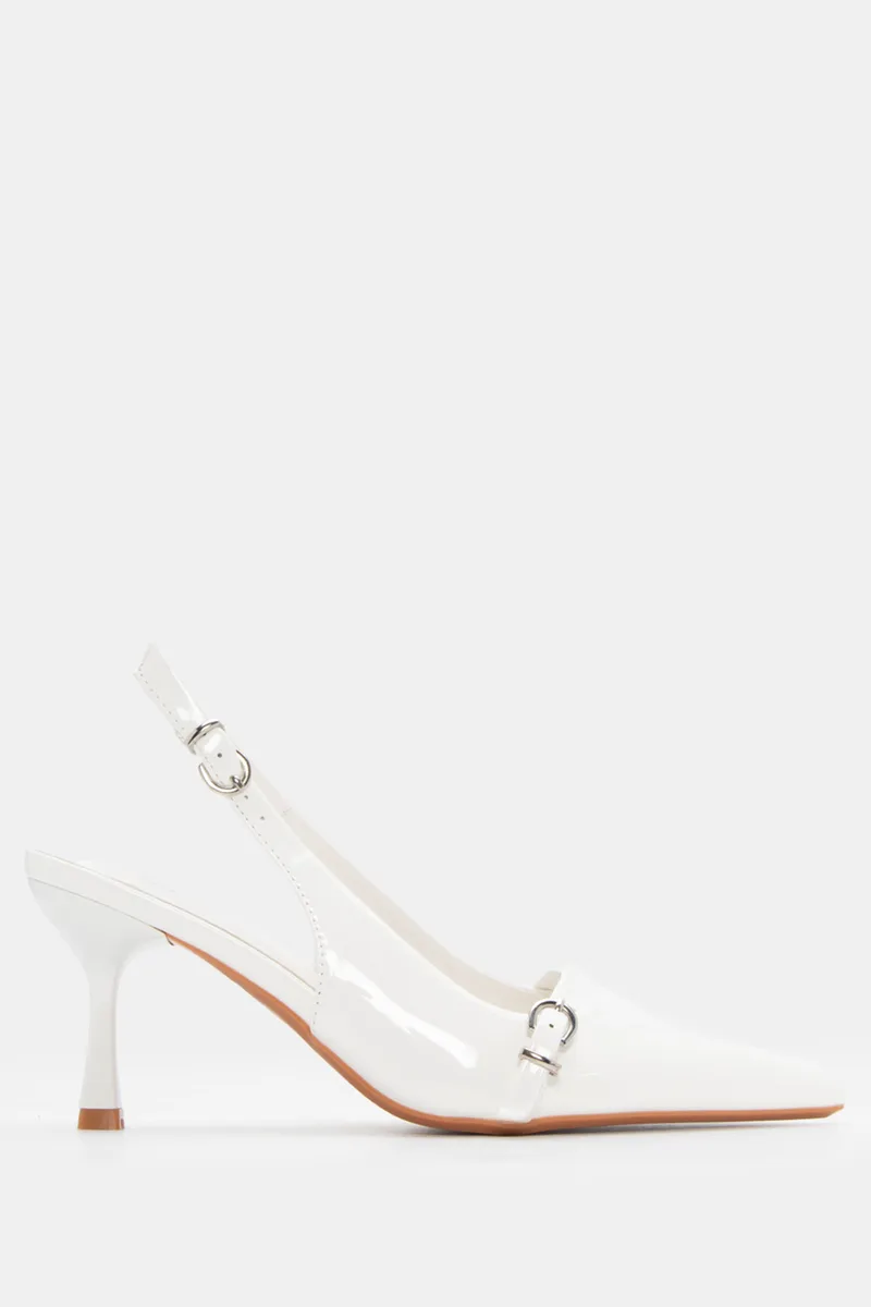 Γόβες Μυτερές Slingback με Τόκες - Λευκό-Λουστρίνι