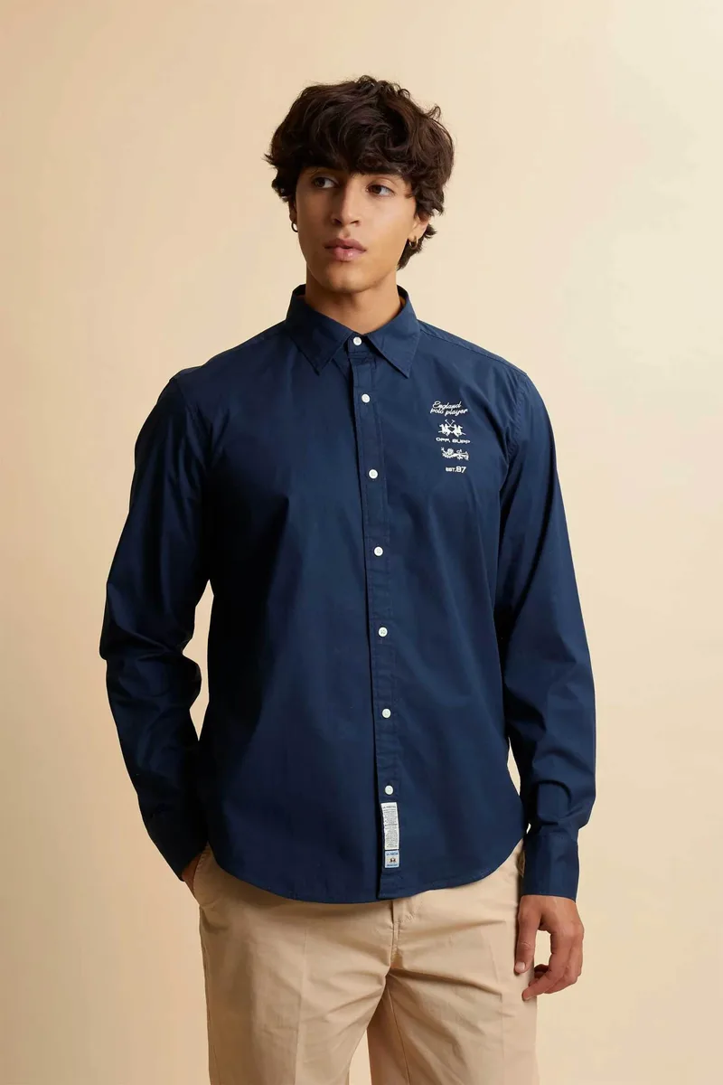 La Martina ανδρικό πουκάμισο poplin με λογότυπο Regular Fit "Cnut" - MCC600-PP483 Μπλε Σκούρο