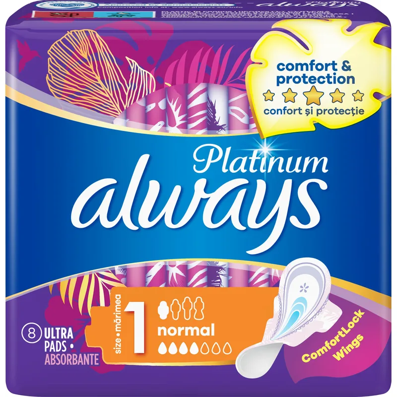 Always Platinum Sanitary Towels with Comfort Lock Wings Size 1 Σερβιέτες Κανονικού Μεγέθους με Φτερά για Άνεση & Προστασία 8 Τεμάχια