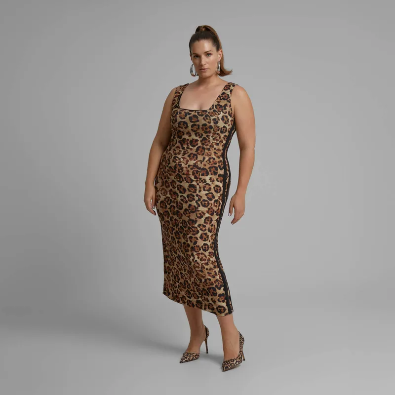 Midi φόρεμα με leopard print και πλαϊνά contrast πάνελ