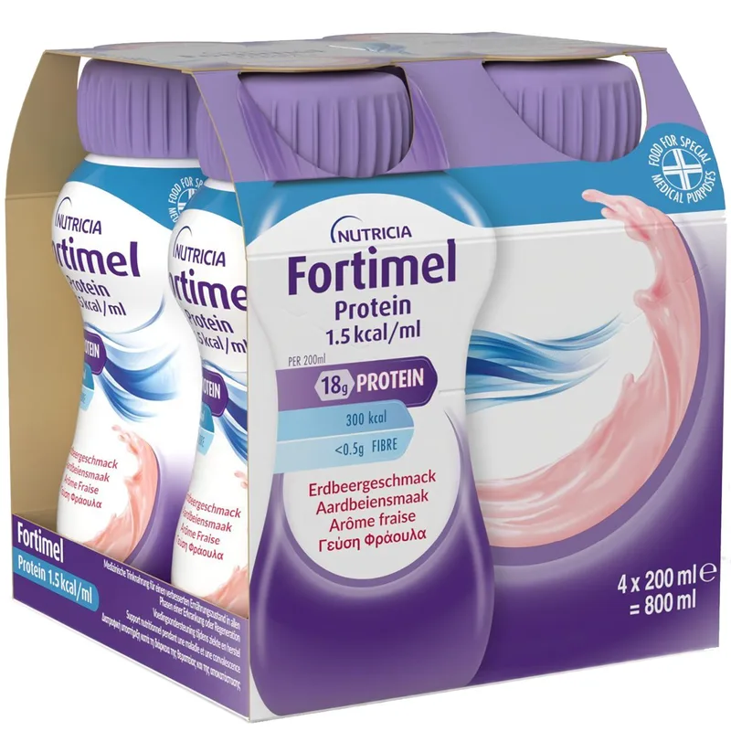 Nutricia Fortimel Protein 1,5 kcal/ml Strawberry Πόσιμο Θρεπτικό Σκεύασμα Πλούσιο σε Πρωτεΐνες, Μέταλλα & Ιχνοστοιχεία για την Αντιμετώπιση Προβλημάτων Υποσιτισμού & Δυσθρεψίας που Σχετίζονται με Ασθένεια, με Γεύση Φράουλα 4x200ml
