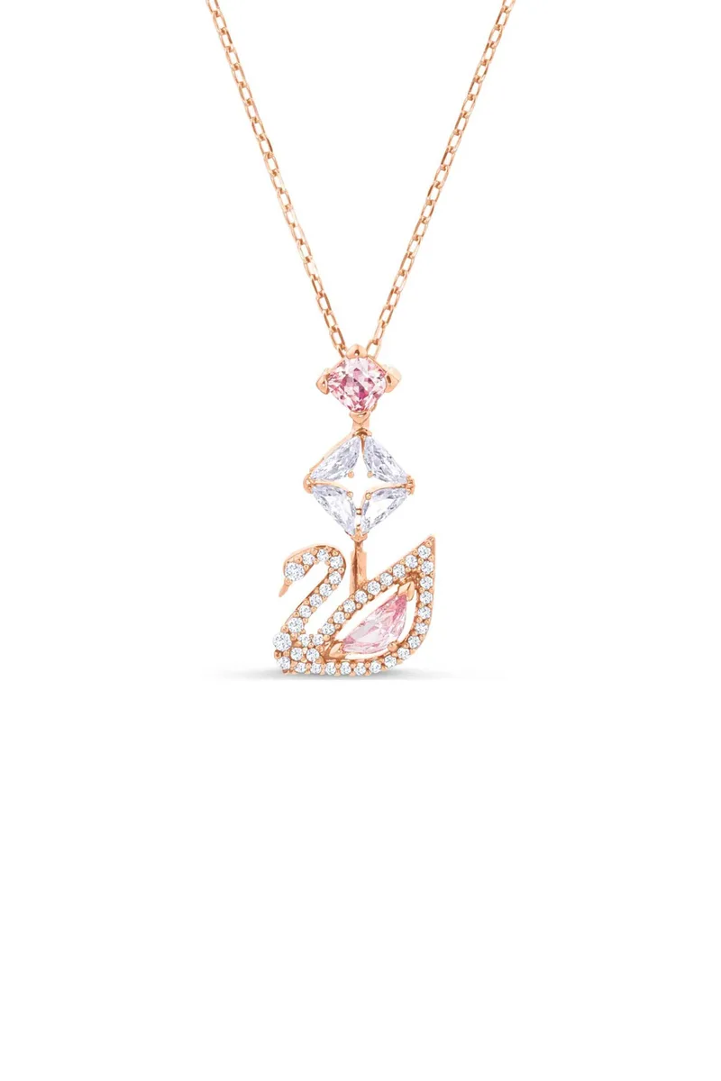 Swarovski γυναικείο κολιέ σε σχήμα Υ κύκνος, ροζ, επιμετάλλωση σε ροζ χρυσαφί τόνο "Swan" - 5473024