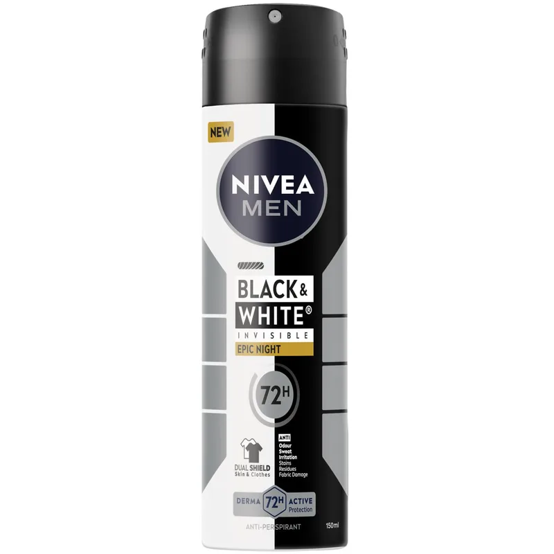 Nivea Men Black & White Invisible Epic Night 72h Protection Deo Spray Ανδρικό Αποσμητικό 72ωρης Αόρατης Προστασίας για Επιδερμίδα & Ρούχα 150ml