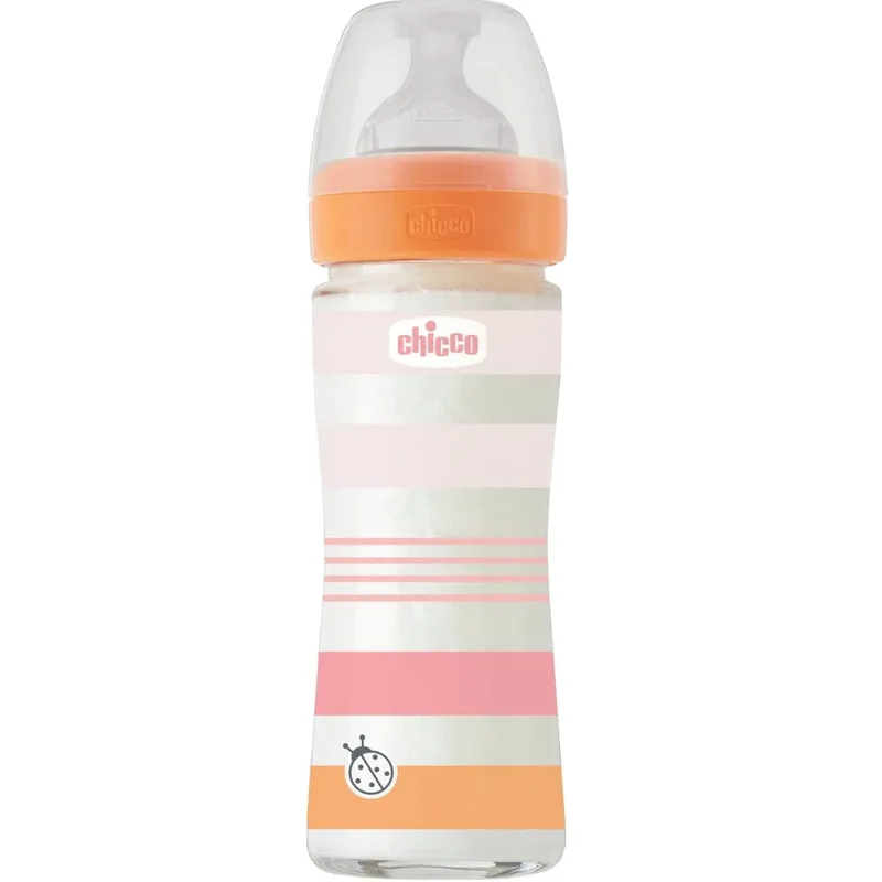 Chicco Well-Being Girl Γυάλινο Μπιμπερό με Θηλή Αργής Ροής 0m+ Πορτοκαλί - Ροζ 240ml
