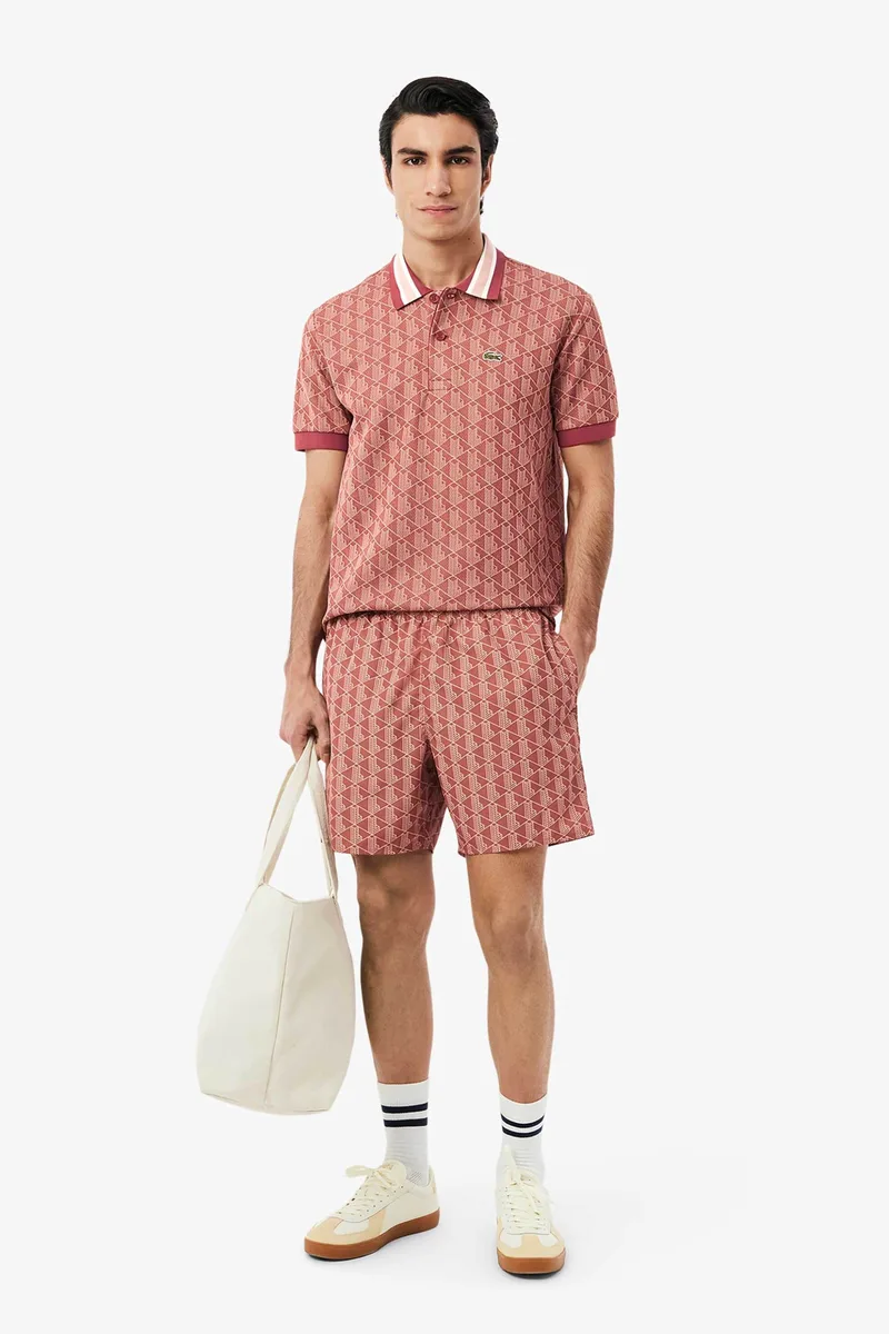 Lacoste ανδρικό μαγιό σορτς με all-over monogram print - MH9086-00 Καφέ Ανοιχτό