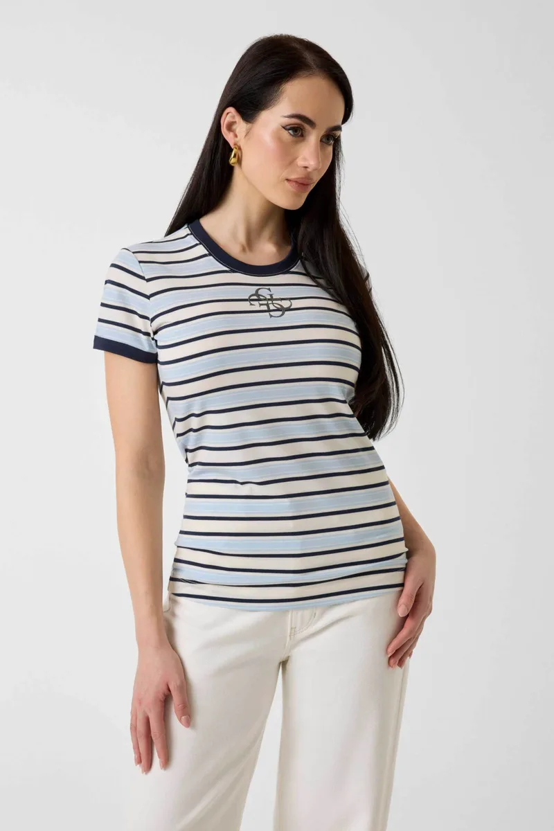 Guess γυναικείο T-shirt και ανάγλυφο λογότυπο και ριγέ σχέδιο Slim Fit - W6GI18K3040 Μπλε Σκούρο