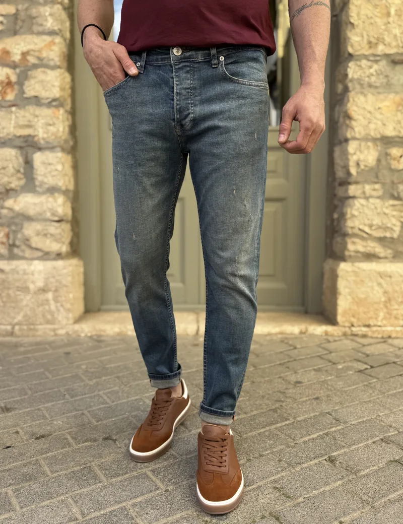 Ανδρικό Slim μπλε με φθορές τζιν παντελόνι πεντάτσεπο με κουμπιά 3LN471