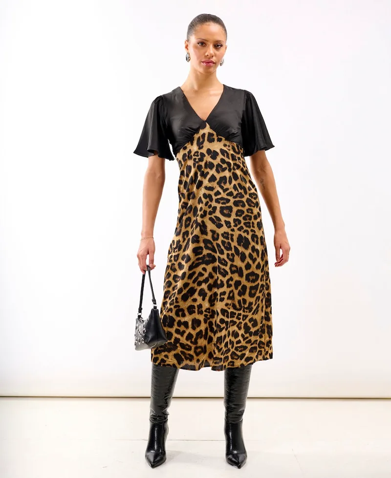Leopard Printed Satin Midi Dress | Clothing Size: 10