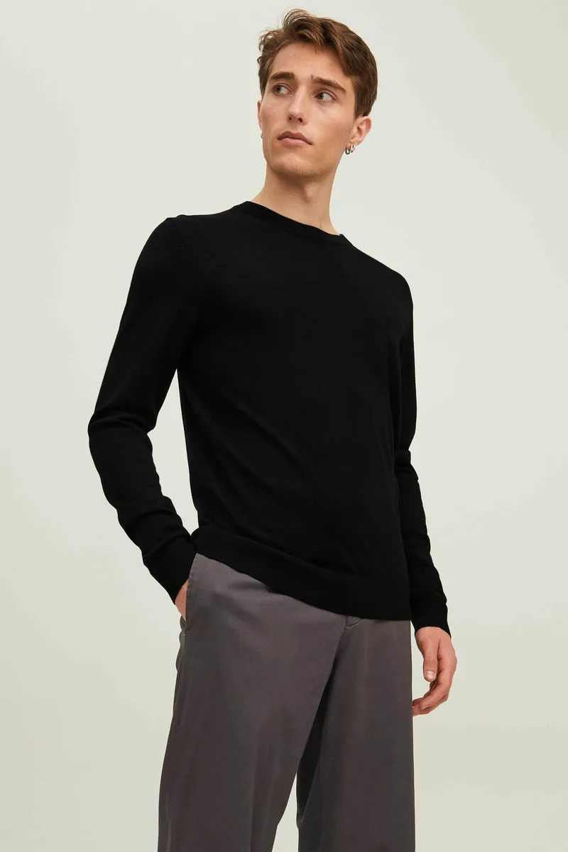 JACK & JONES ανδρικό μάλλινο πουλόβερ μονόχρωμο Regular Fit - 12216817 Μαύρο