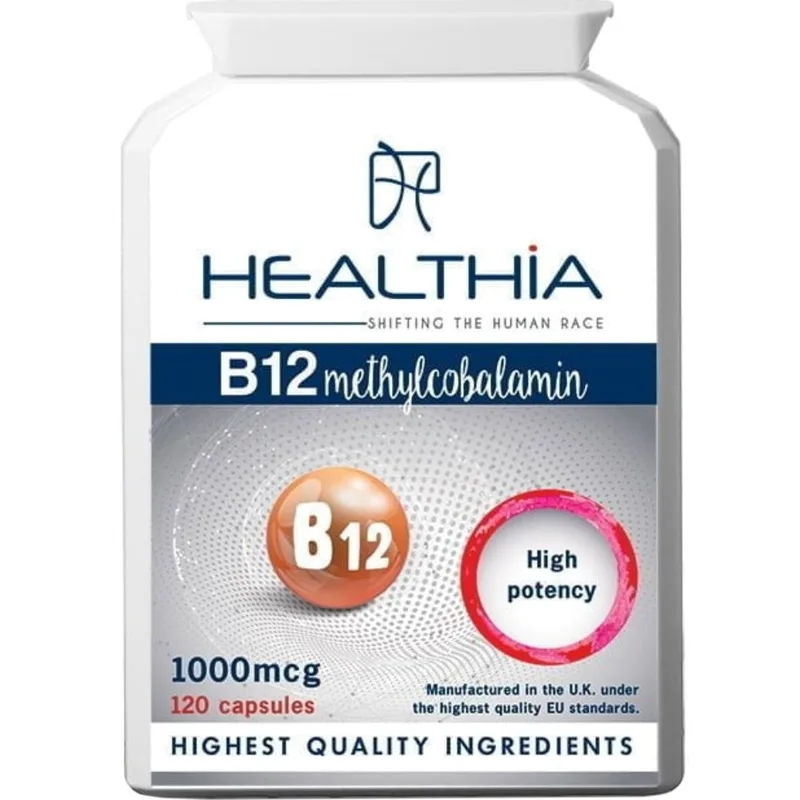 Healthia B12 Methylcobalamin 1000μg High Potency Συμπλήρωμα Διατροφής με Βιταμίνη Β12 σε Μορφή Μεθυλκοβαλαμίνης για Καλύτερη Απορρόφηση & Υψηλότερη Βιοδιαθεσιμότητα για την Καλή Λειτουργία του Νευρικού - Καρδιαγγειακού Συστήματος 120caps