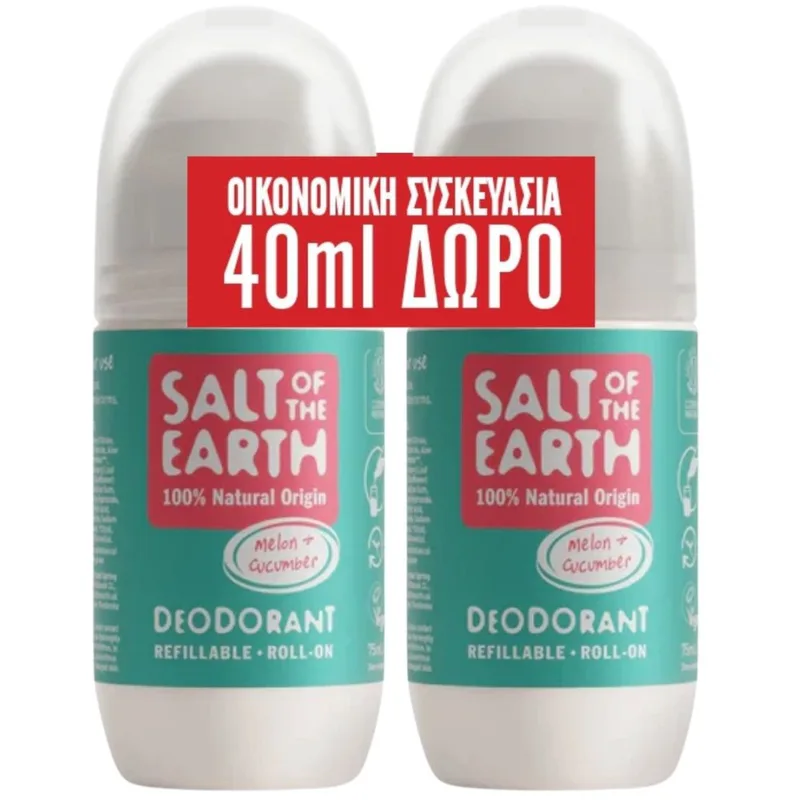 Salt of the Earth Promo Melon & Cucumber Roll-On Deodorant Αποσμητικό Roll-On Φυσικής Προέλευσης με Άρωμα Αγγουριού & Πεπονιού 150ml (2x75ml)