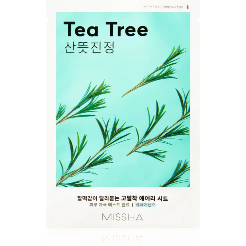 Missha Airy Fit Tea Tree φύλλο μάσκας με καθαριστική και αναζωογονητική επίδραση για ευαίσθητη επιδερμίδα 19 γρ