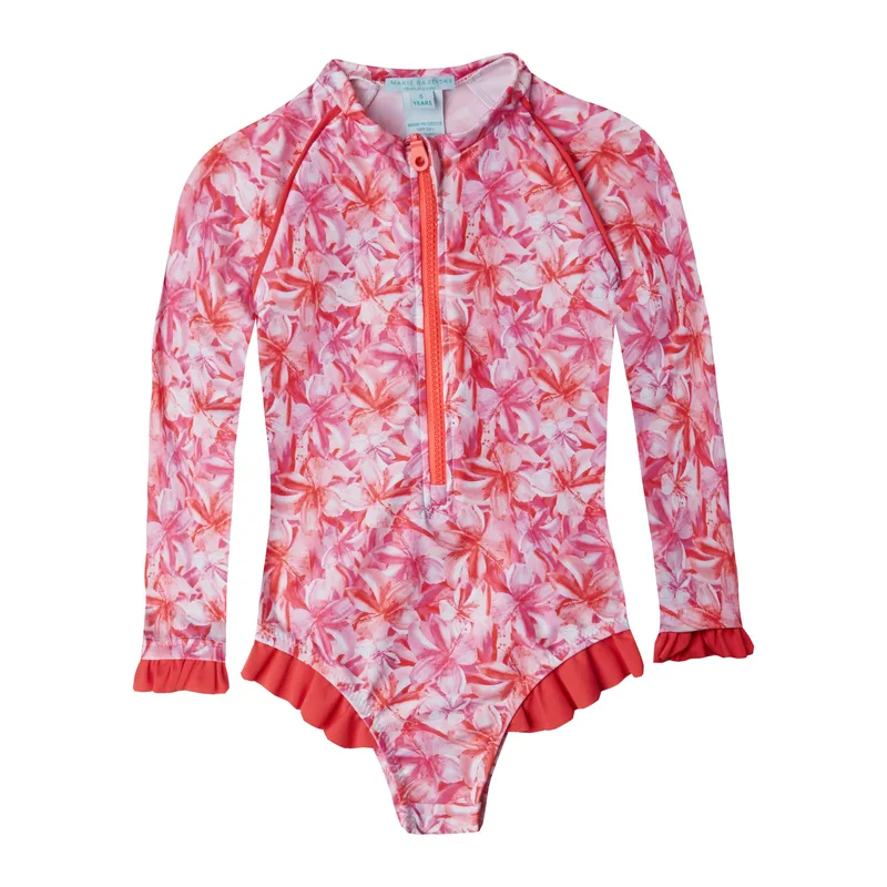 GIRL'S ONE PIECE LONG SLEEVE RUFFLES HIBISCUS