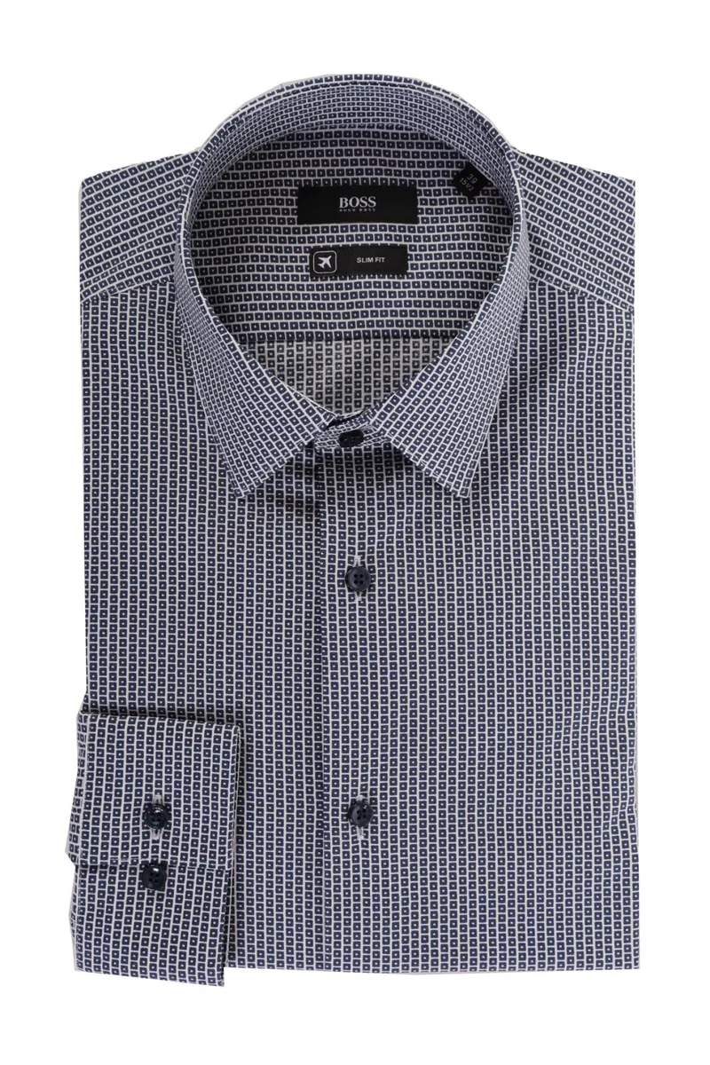 BOSS ΠΟΥΚΑΜΙΣΟ TRAVELER ΜΙΚΡΟΣΧΕΔΙΟ ISKO SLIM FIT ΜΠΛΕ