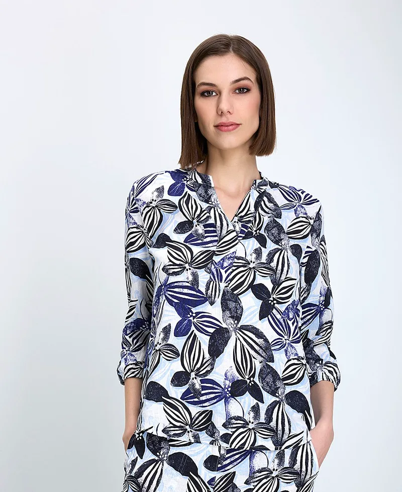 Gerry Weber Γυναικείο Πουκάμισο Κανονική Γραμμή Λινό Με Φλοράλ Μοτίβο Μπλε