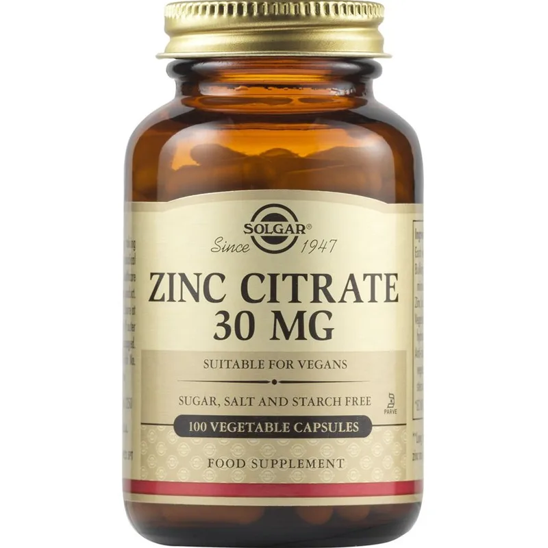Solgar Zinc Citrate 30mg Συμπλήρωμα Διατροφής με Κιτρικό Ψευδάργυρο Υψηλής Απορροφησιμότητας για την Καλή Λειτουργία του Ανοσοποιητικού & Υγιή Μαλλιά, Νύχια & Δόντια 100veg.caps