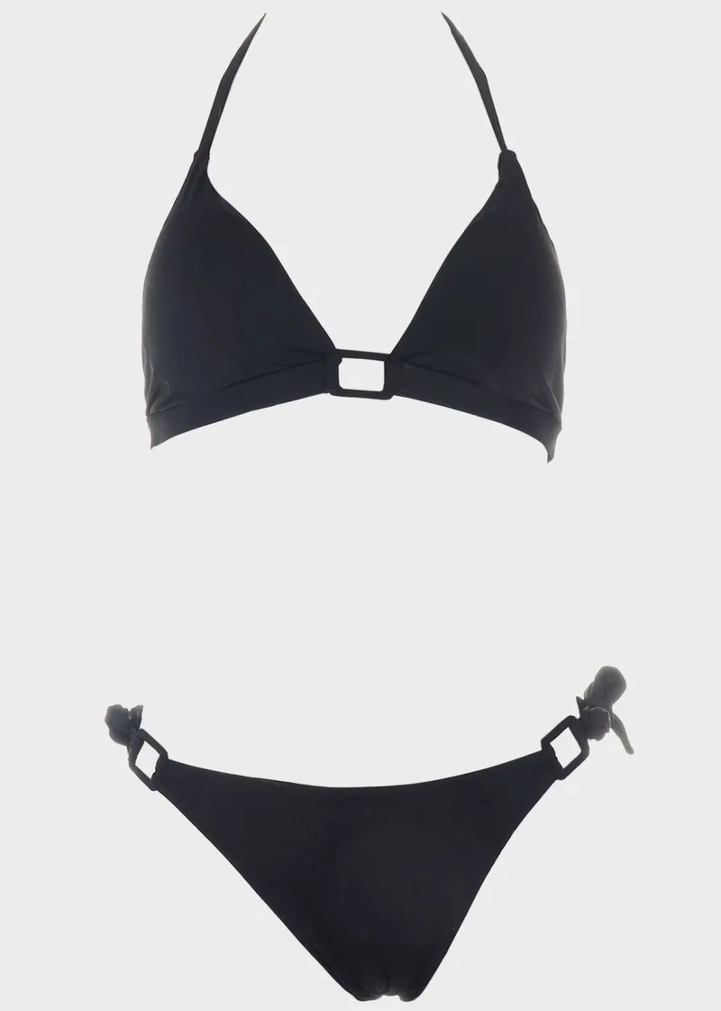 Γυναικείο σετ μαγιό bikini τριγωνάκι μονόχρωμο αποσπώμενη επένδυση slip brazil δετό.Καλύπτει B CUP ΜΑΥΡΟ
