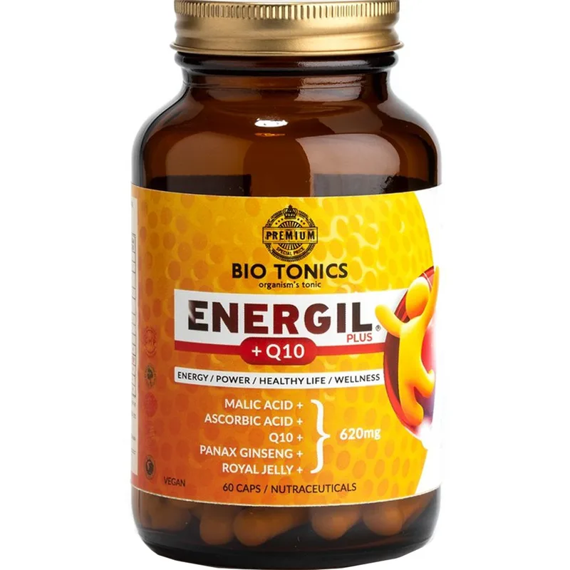 Bio Tonics Energil +Q10 Συμπλήρωμα Διατροφής Συνενζύμου Q10, Αμινοξέων, Βασιλικού Πολτού & Εκχυλίσματος Τζίνσενγκ για Ενέργεια & Τόνωση Κατά της Κούρασης & Κόπωσης 60caps
