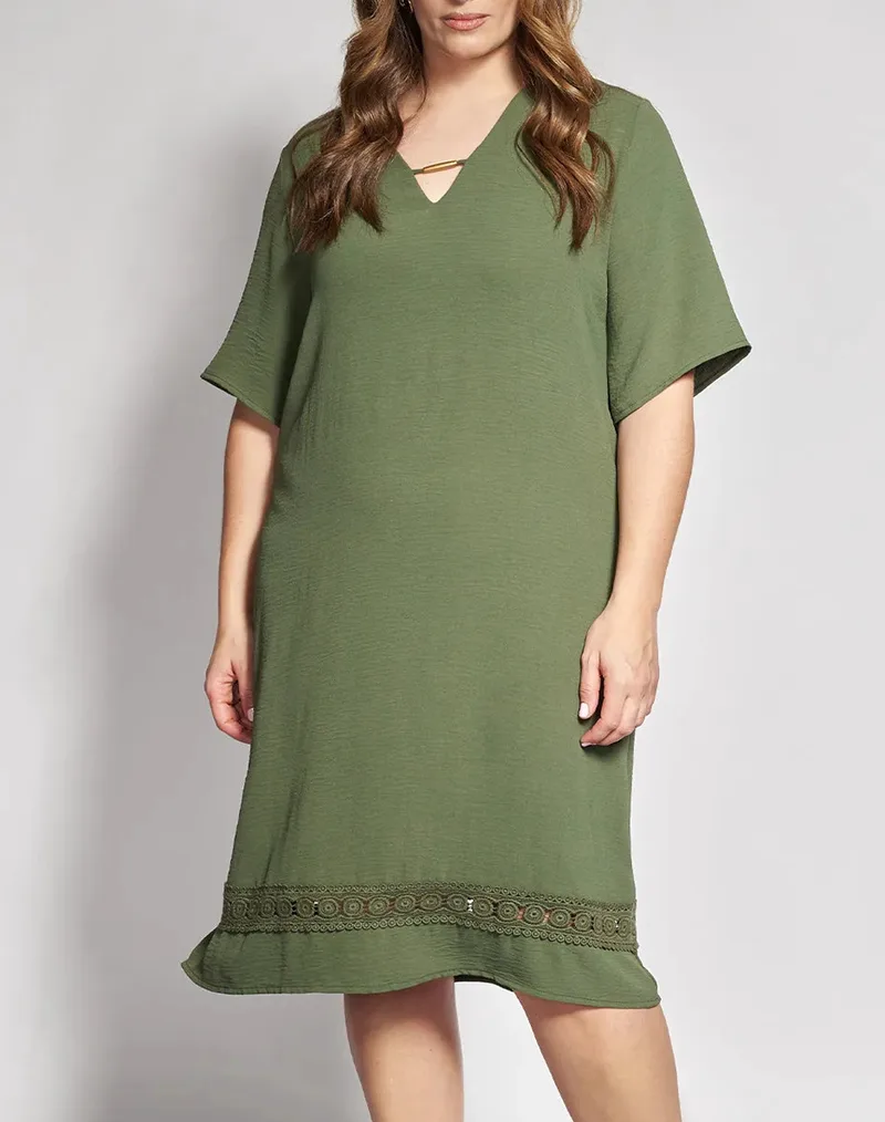 PARABITA Φόρεμα washed με κέντημα και βολάν 012610600277-023 Khaki