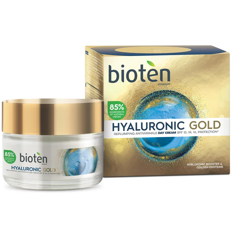 Bioten Hyaluronic Χρυσό Replumping Antiwrinkle Day Cream Spf10 Αντιρυτιδική Κρέμα Ημέρας Προσώπου, Λαιμού με Υαλουρονικό Οξύ 50ml