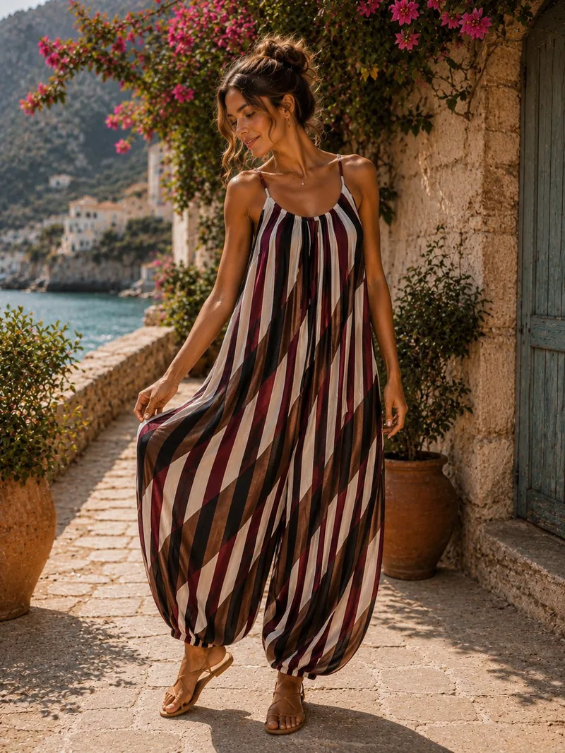 Ολόσωμη Ριγέ Φόρμα Boho με Τιράντες και Balloon Γραμμή - Κόκκινο | Dress Up Κόκκινο