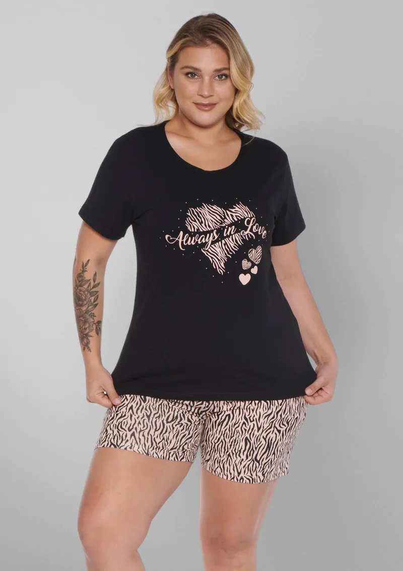 Plus Size Βαμβακερή Πιτζάμα Animal Print - Μαύρο
