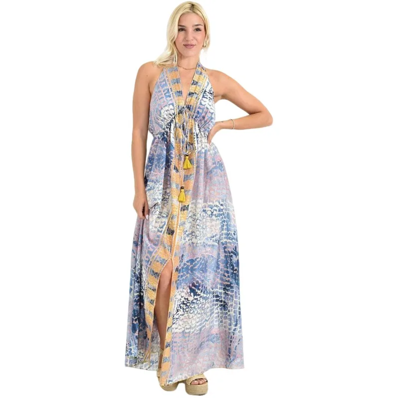 Μάξι Φόρεμα με Animal Print & Δέσιμο στον Λαιμό Μπλε 26704
