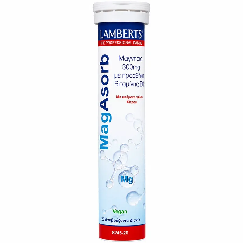 Lamberts MagAsorb 300mg Συμπλήρωμα Διατροφής με Μαγνήσιο & Βιταμίνη B6 για Τόνωση, Ενέργεια & Υποστήριξη της Λειτουργία των Μυών με Γεύση Κίτρο 20 Effer.Tabs
