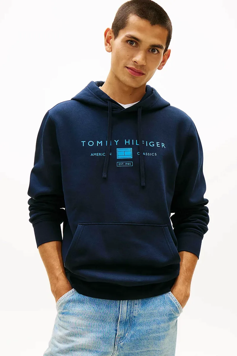 Tommy Hilfiger ανδρική μπλούζα φούτερ με κουκούλα και λογότυπο Regular Fit - MW0MW42464 Μπλε Σκούρο