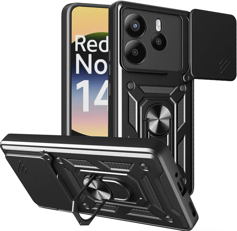 Θήκη Xiaomi Redmi Note 14 4G Bodycell Armor Slide Ανθεκτική με Κάλυμμα για την Κάμερα & Μεταλλικό Ring Holder - Black (5206015081033)