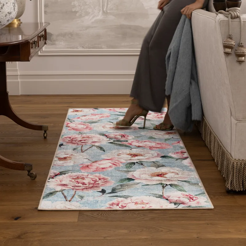 Blooming Peonies Blue Eco-Washable Runner