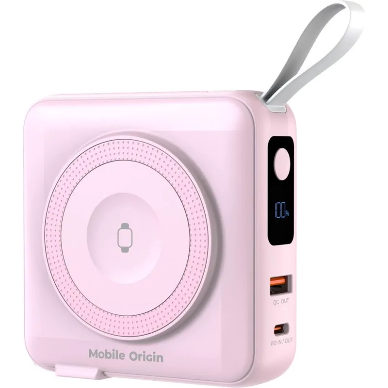 PowerBank Mobile Origin 10.000 mAh με Ασύρματη Φόρτιση MagSafe 15W / KickStand / Ενσωματωμένα Καλώδια Type-C & Lightning / Ταχυφορτιστής Τοίχου με Βύσμα EU / UK / AUS και Θύρες 1 x Type-C / 1 x USB-A 20W - Ροζ (PBT-03L-PNK)