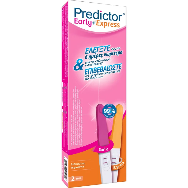 Predictor Early & Express Διπλό Τεστ Εγκυμοσύνης για Πρώτο Έλεγχο Έως 6 Ημέρες Νωρίτερα Από την Πρώτη Ημέρα Καθυστέρησης & Επιβεβαίωση Αποτελέσματος 2 Τεμάχια