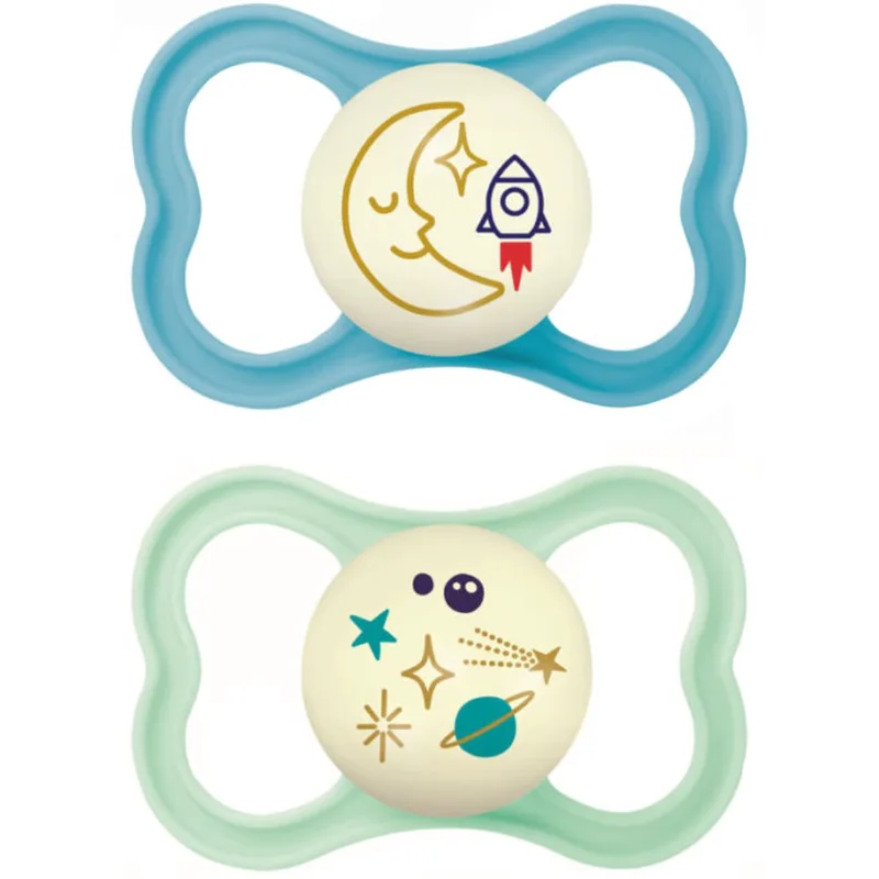 Mam Air Night Silicone Soother 16m+ Κωδ 277SBc, Ορθοδοντική Πιπίλα Σιλικόνης με Αυξημένη Ροή Αέρα που Λάμπει στο Σκοτάδι 2 Τεμάχια - Μπλέ / Γαλάζιο
