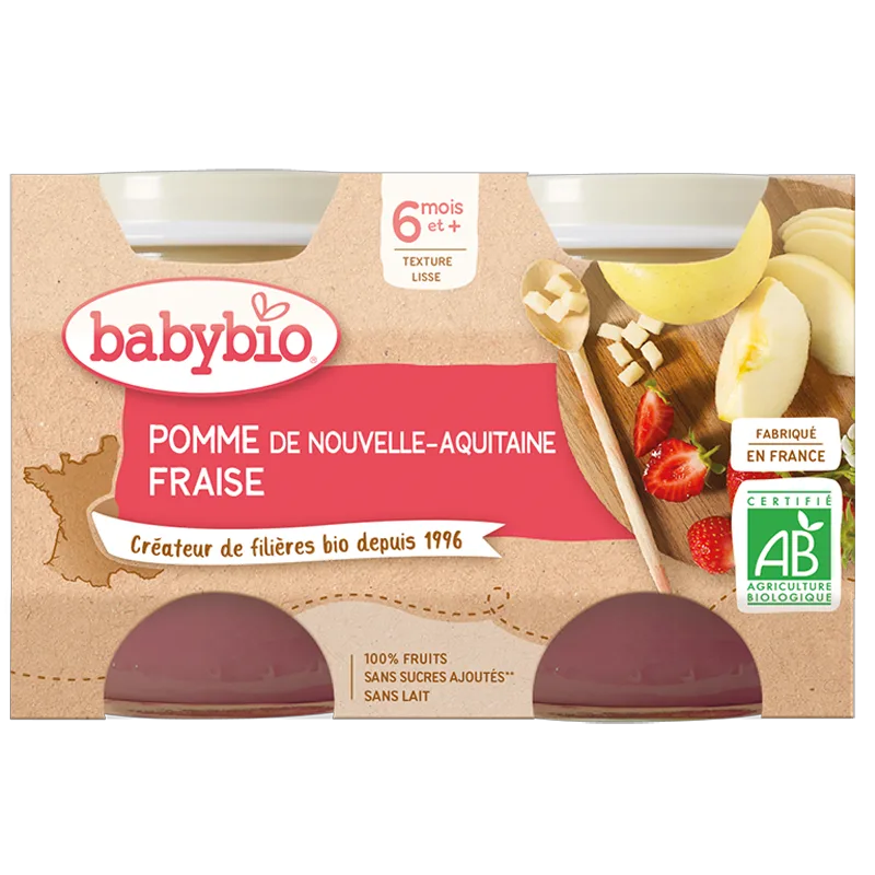 Babybio Fruit Jars - 6 Months + - Apple, Strawberry - ORGANIC 2X130G