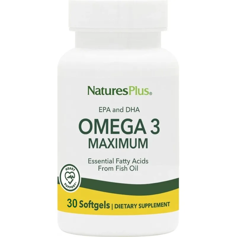 Natures Plus Omega 3 Maximum EPA & DHA Συμπλήρωμα Διατροφής Ιχθυελαίου Πλούσιο σε Ωμέγα 3 Λιπαρά Οξέα για τη Φυσιολογική Λειτουργία της Καρδίας, Εγκεφάλου & Όρασης 30 Softgels