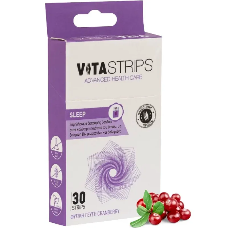 Vitastrips Sleep Συμπλήρωμα Διατροφής με Βιταμίνη Β6, Μελατονίνη & Βαλεριάνα για Γρηγορότερο & Ποιοτικότερο Ύπνο με Γεύση Κράμπερι 30 Διασπειρόμενες στο Στόμα Ταινίες