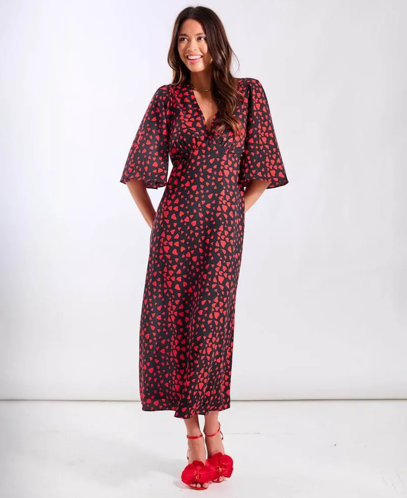 Red Heart Printed Midi Dress | Size: 10