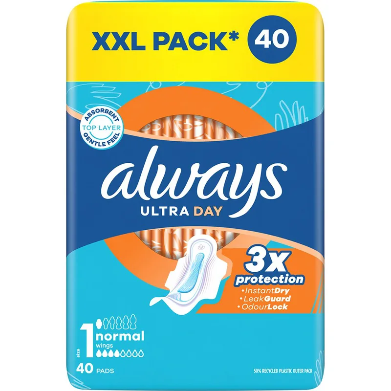 Always Ultra Day Normal Size 1 Sanitary Towels with Wings XXL Pack Σερβιέτες με Φτερά Κανονικού Μεγέθους για Άμεση Απορρόφηση & Εξουδετέρωση Οσμών Κατά τη Διάρκεια της Μέρας 40 Τεμάχια
