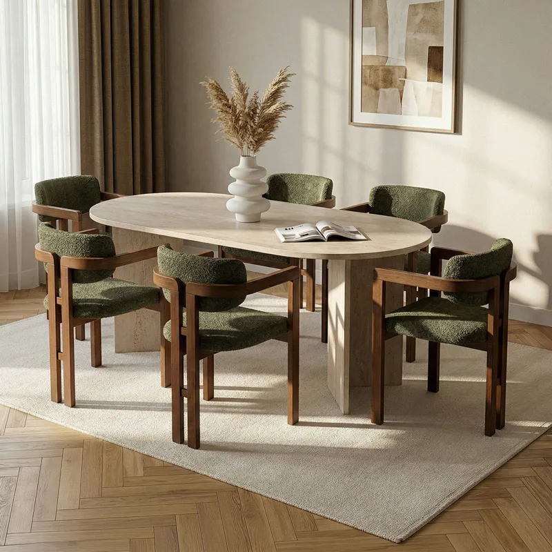 Σετ Τραπεζαρίας Με Καρέκλες 7 Τεμαχίων Meridia 6 - Travertine, Walnut, Green 199Nrd1113 (180x75x90)