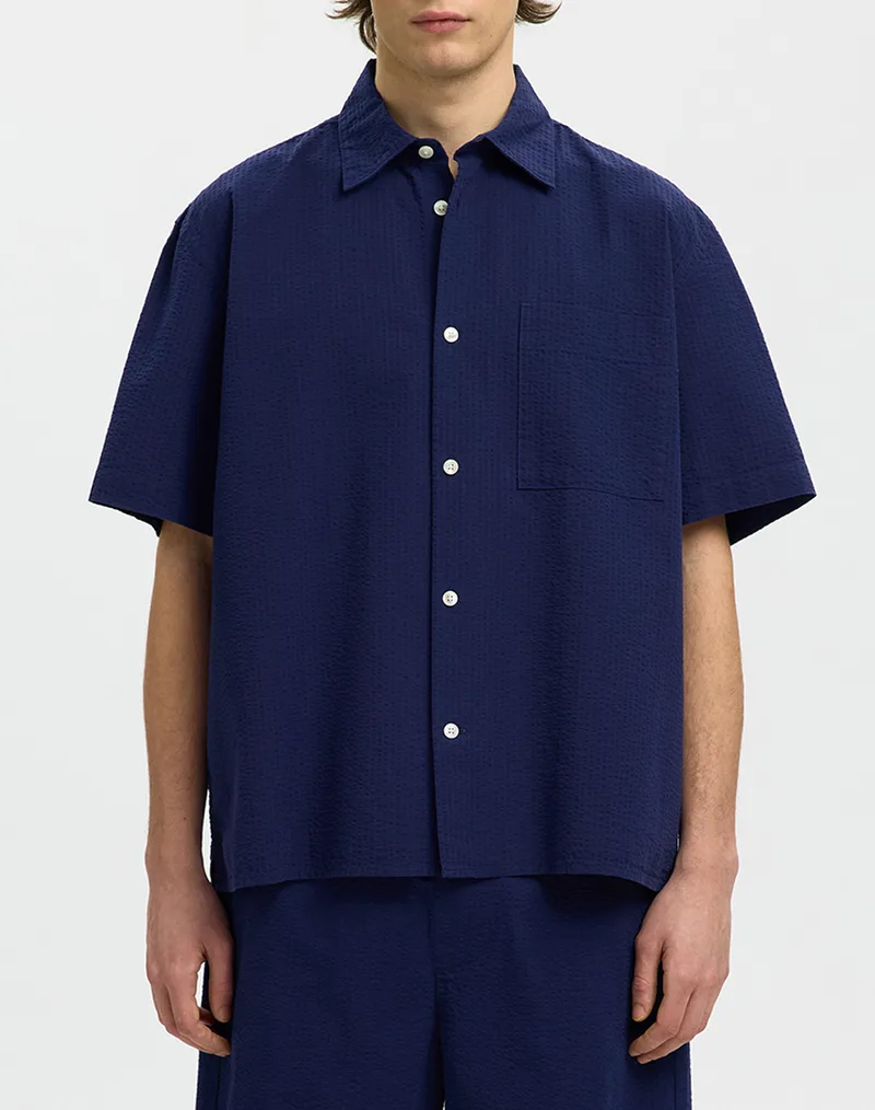SELECTED SLHRLXSTUART SEERSUCKER SS SHIRT 16101353-Ocean Cavern NavyBlue