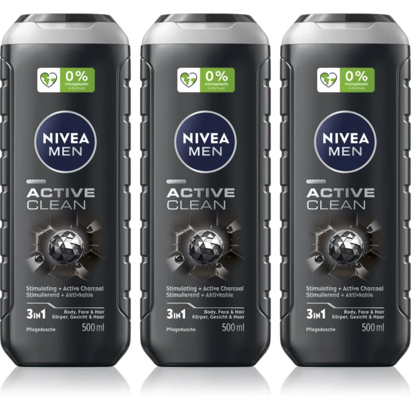 NIVEA MEN Active Clean τζελ για ντους για άντρες επωφελής συσκευασία 3 x 500 ml