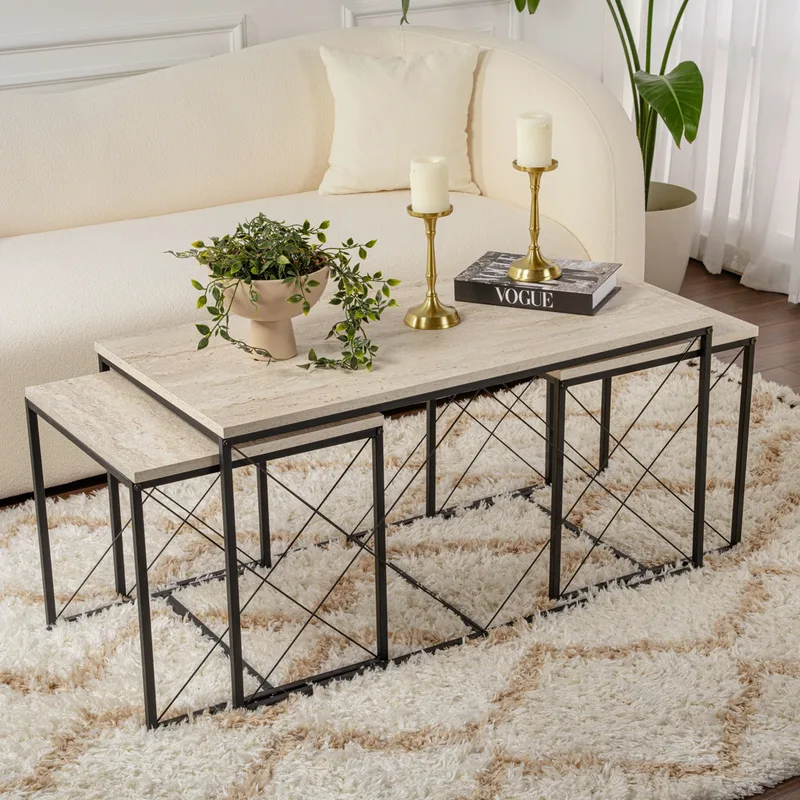 Σετ Τραπέζι Σαλονιού Defne - Black, Travertine 854Kln4754 (100x52x50)