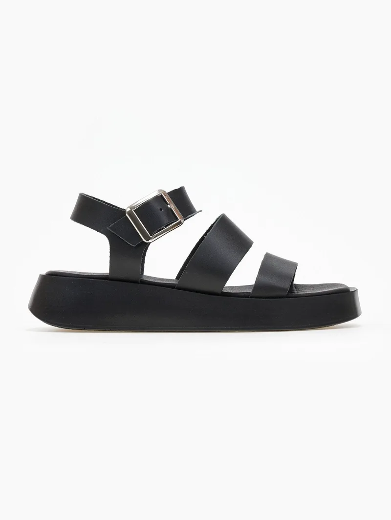 TFP Leather Flatform Sandals with Two Straps - 5534 - Black