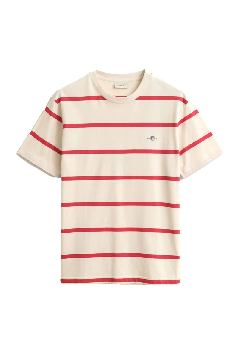 GANT T-SHIRT ΡΙΓΕ STRIPED SS ΚΡΕΜ-ΚΟΚΚΙΝΟ
