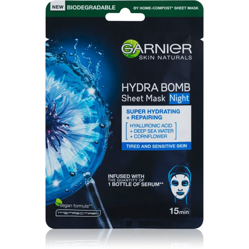 Garnier Textil Masks Hydra Bomb υφασμάτινη μάσκα θρέψης νύχτας 28 γρ