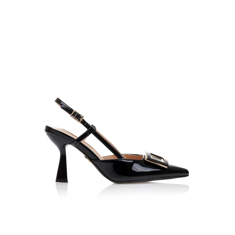 Γόβες TSOUKALAS μαύρες λουστρίνι με αγκράφα και ιδιαίτερο τακούνι ΜΑΥΡΟ
